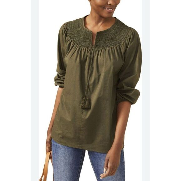J.McLaughlin Francie Popover Top Women’s Small‎ Smocked Deep Forest Top - Picture 1 of 6